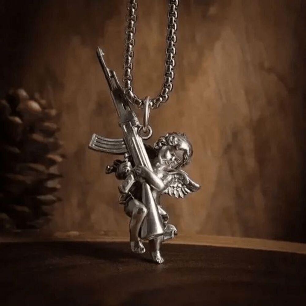 Angel Cherub Cupid AK47 Gun Stainless Steel Pendant Necklace